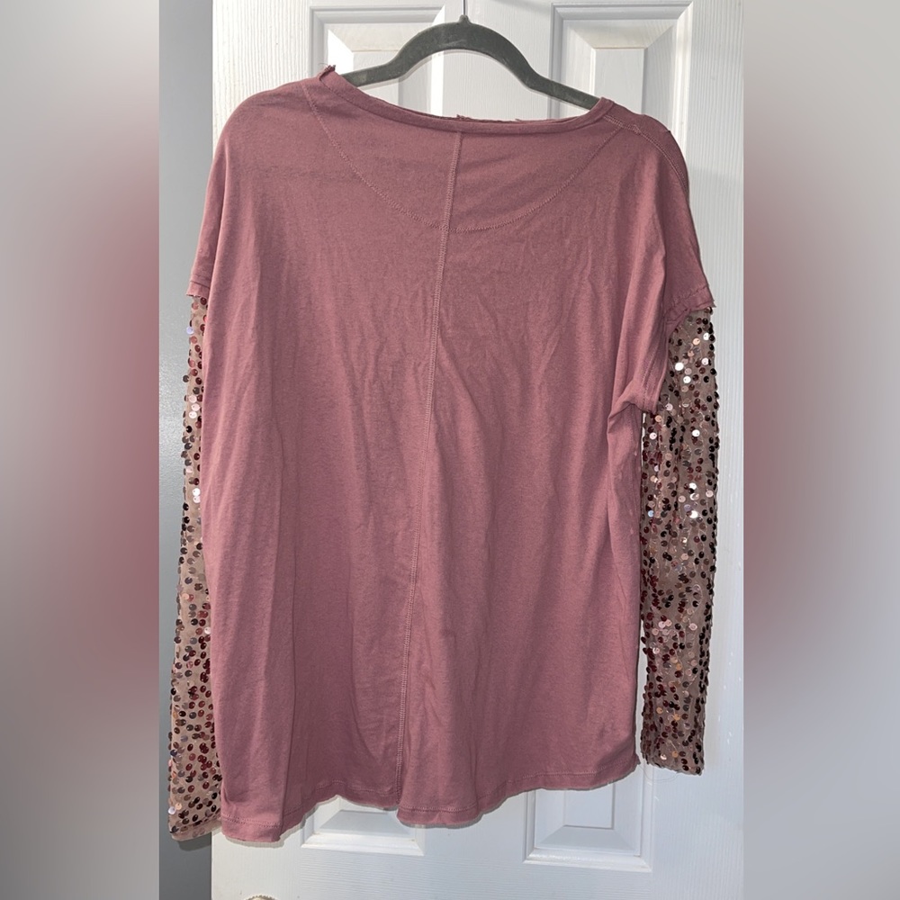 Free People Mauve Sequin Sleeve Long Sleeve Tee - Picture 6 of 6